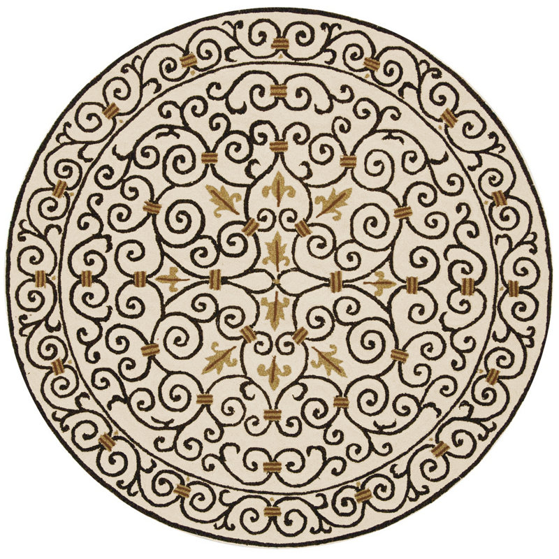 Helena Oriental Hand Hooked Wool Ivory / Dark Brown Area Rug, Round 5'6"