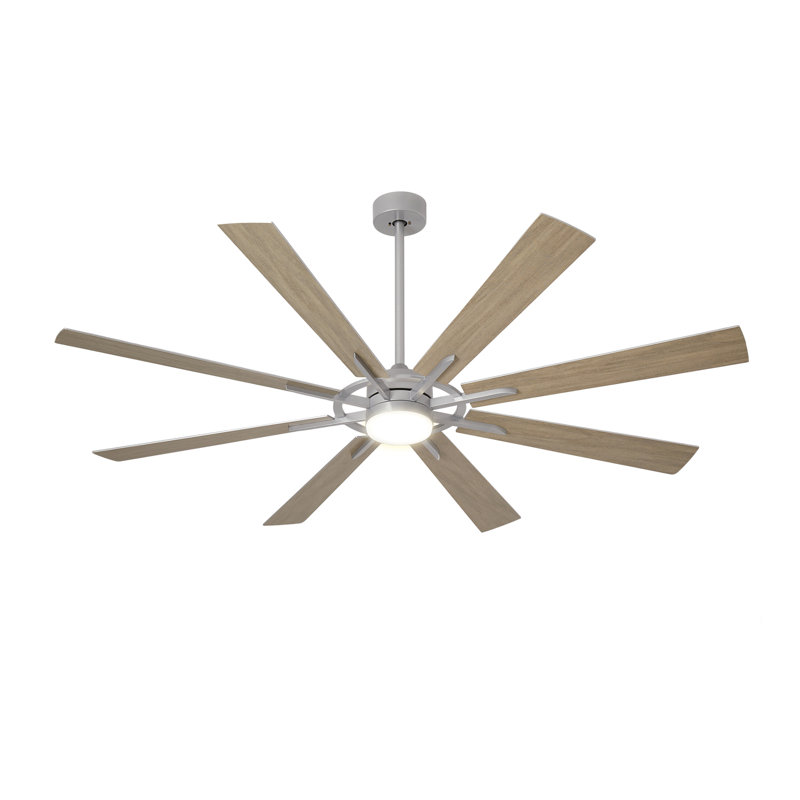66 Inch Large Ceiling Fan with Light, Modern 8-Blade Silver and Wood Grain Indoor Outdoor Fans with Remote Control Dimmable Light, Quiet DC Motor Reversible 6 Speed Timer