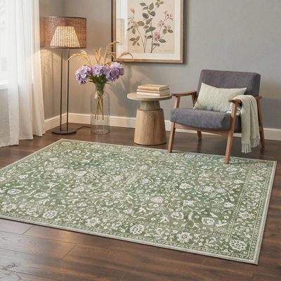 Aria Oriental Floral Machine Washable Green / White Indoor Area Rug with Non-Slip Backing