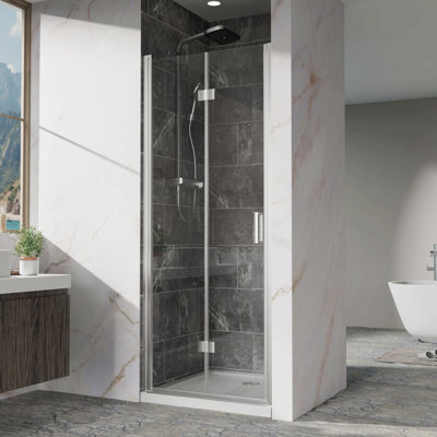 Portes de douche pivotantes, porte de douche battante pliante sans cadre l 32 po x H 72 po, verre trempé transparent de 1/4 po (6 mm), quincaillerie à finition chromée, installation réversible