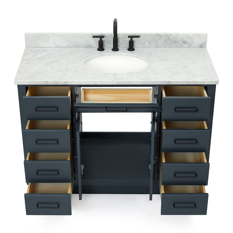 Meuble-lavabo simple en bois massif 48 po avec lavabo en marbre de Carrare 0,75 po Jameal, Ovale, Bleu minuit, 48"