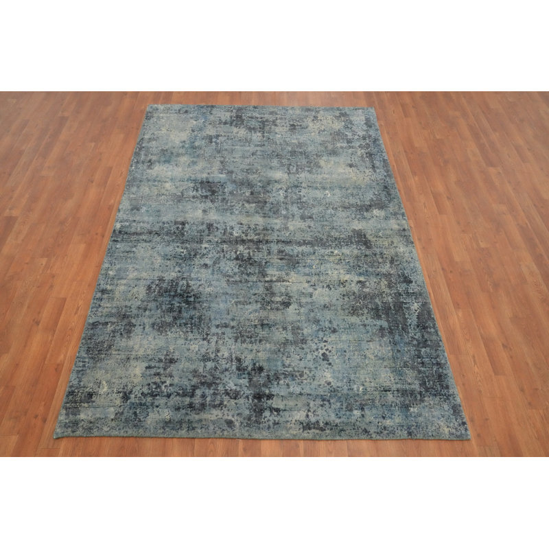 Tapis abstrait délavé 5 x 8 aux tons bleus et texture