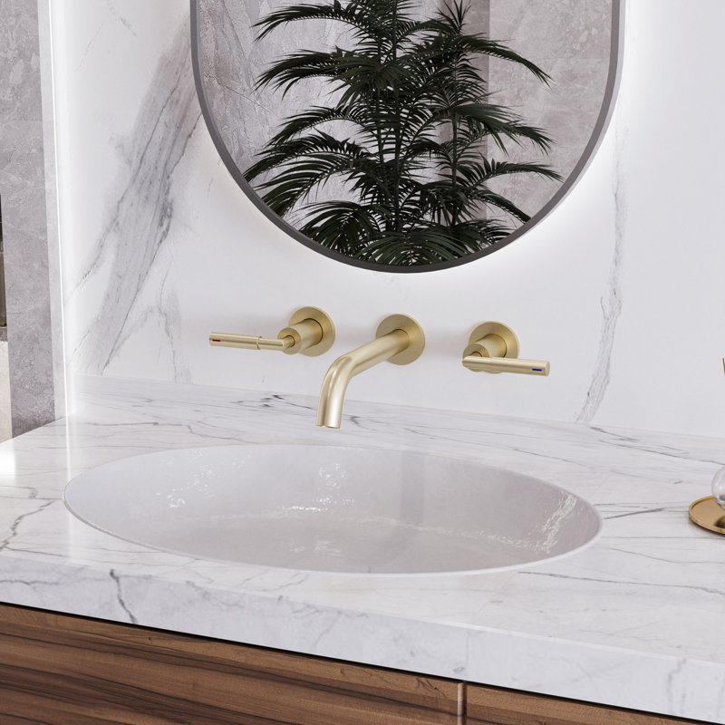 3 Hole Wall-Mounted Bathroom Sink Faucet with Lever Handles with Pop-Up Drain, Brushed Gold, with Pop-Up Drain