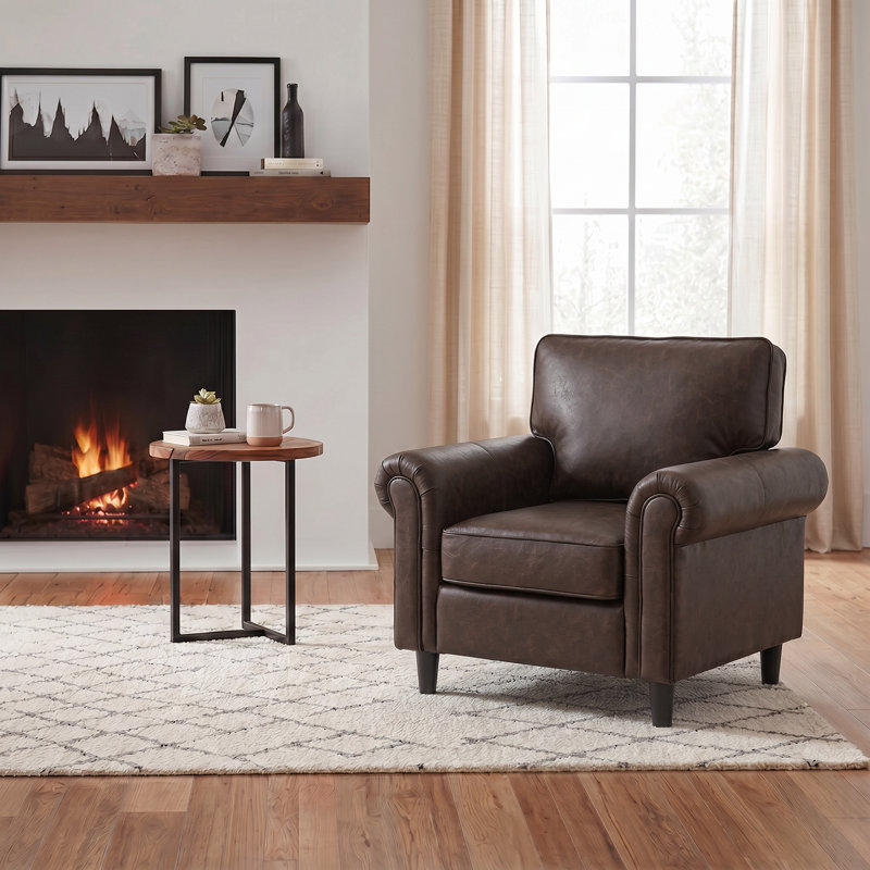 Fauteuil d'appoint rembourré à accoudoirs roulés Luelle, Similicuir brun