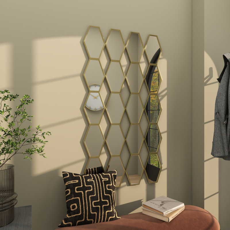 Mahnaz Metal Gold Wall Mirror with Diamond and Hexagon Shaped Mirrors