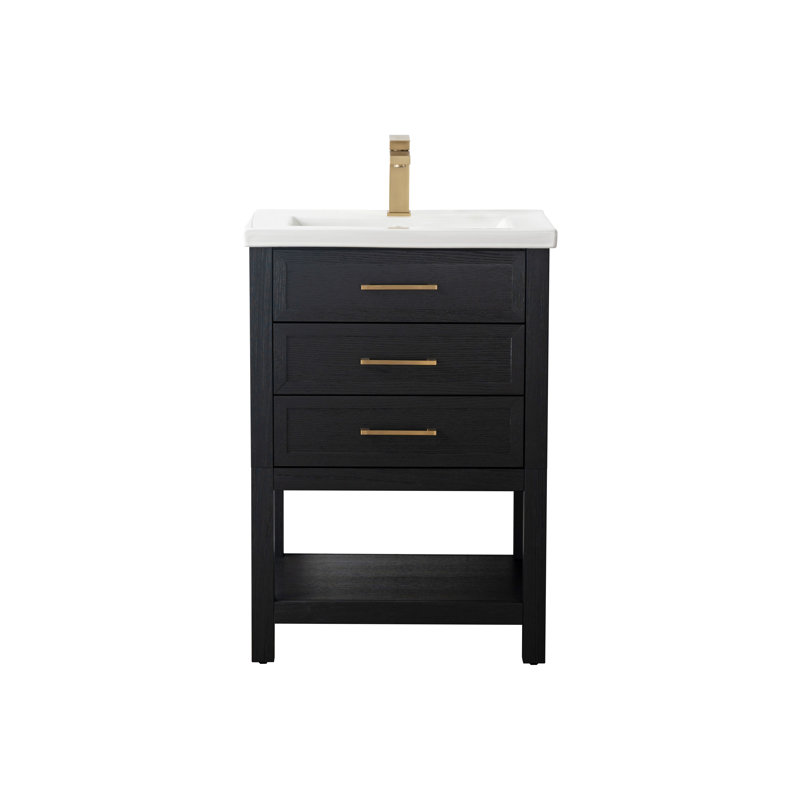 Stratford 24'' Single Vanity with Ceramic Top, Black Oak/Brushed Gold