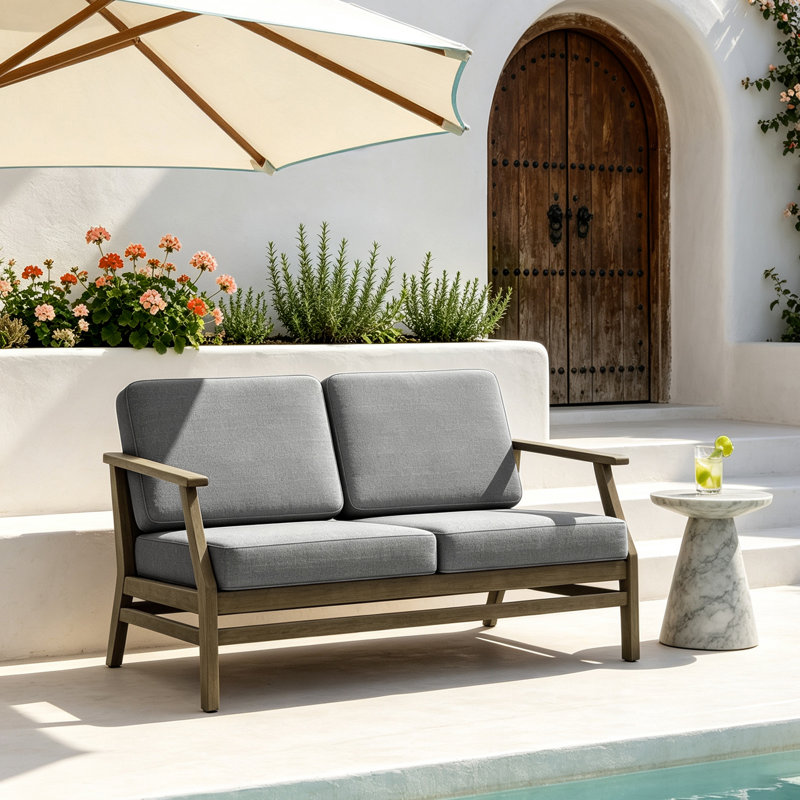 Clinkscales Solid Wood Teak Outdoor Loveseat With Cushion And Arms, Brown, Gray
