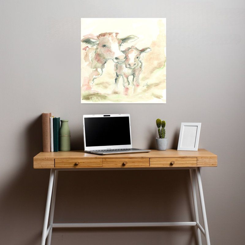 Vache et veau, art abstrait contemporain, H 18 po x l 18 po