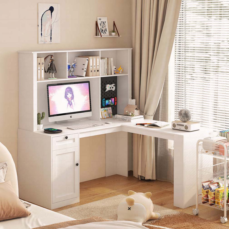 Bureau d'ordinateur en L avec tiroirs, bibliothèque, Blanc