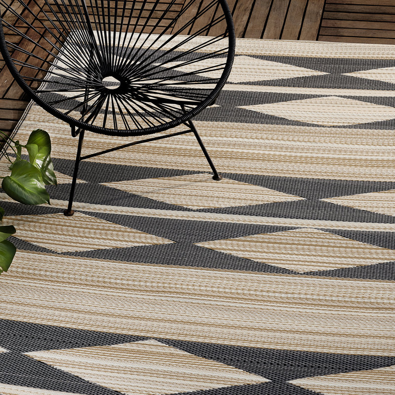 Outdoor Rug Plastic Straw Rug Waterproof Patio Joezette Natural & Black, Runner 2'6" x 8'