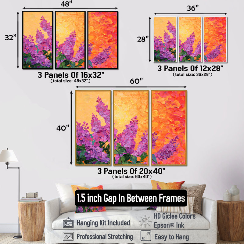 Coucher de soleil lilas mauve dans les jardins botaniques VII - ensemble de reproductions d'art lilas, H 28 po x l 36 po