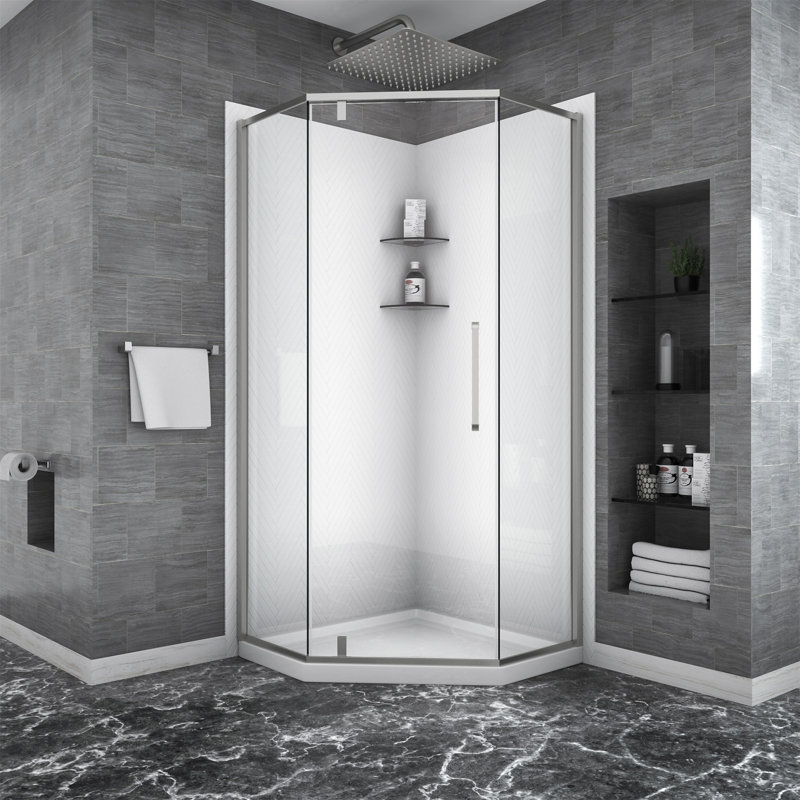 Shower Door 34-1/8" X 72" Semi-Frameless Neo-Angle Hinged Shower Enclosure, Brushed Nickel