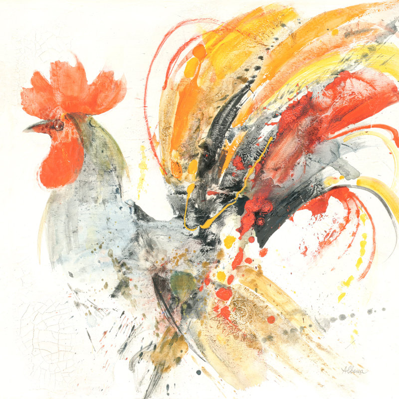 Coq coloré, sur blanc, rouge, orange, jaune, campagne, ferme, animal, H 24 po x l 36 po x P 1,5 po