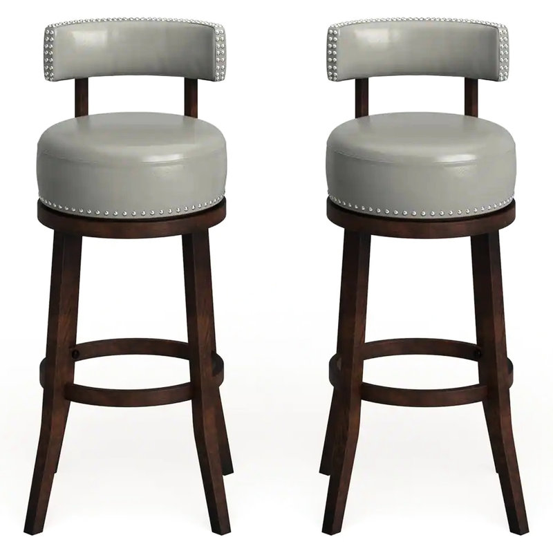 Tabouret de bar pivotant de 30 po (2), base en bois massif de chêne foncé, siège gris, chaises de salle à manger transitionnelles, rembourré avec 2 tabourets à garniture cloutée exquise et bois, style pour la chambre, siège à couper le souffle
