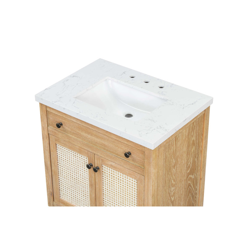 Meuble-lavabo intemporel à panneaux en rotin avec dessus en pierre reconstituée et assemblage sans outil