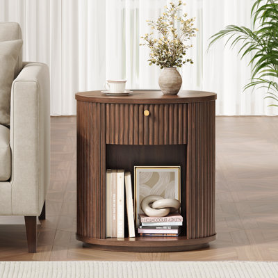 Table d'appoint ronde de 55 cm de hauteur avec tiroir et station de recharge, table de chevet avec rangement ouvert pour petits espaces, salon, chambre