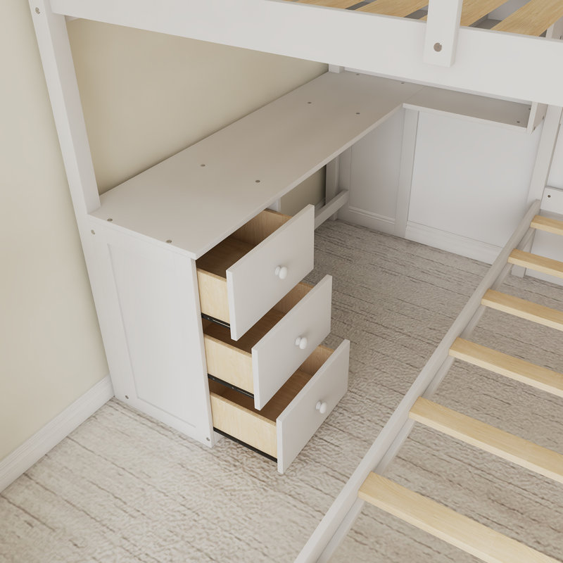 Solid Wood Full Over Twin Bunk Bed With Desk, Drawers And Shelves, White