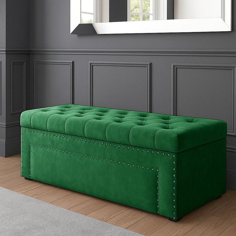 Duke Ottoman Storage Box - Chesterfield Upholstered Blanket Box - Plush Velvet Ottoman Bench with Storage, Forest Green