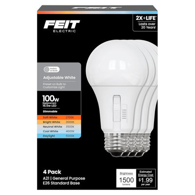 Feit A21 E26 (Medium) LED Bulb Adjustable White 100 Watt Equivalence 4 pk