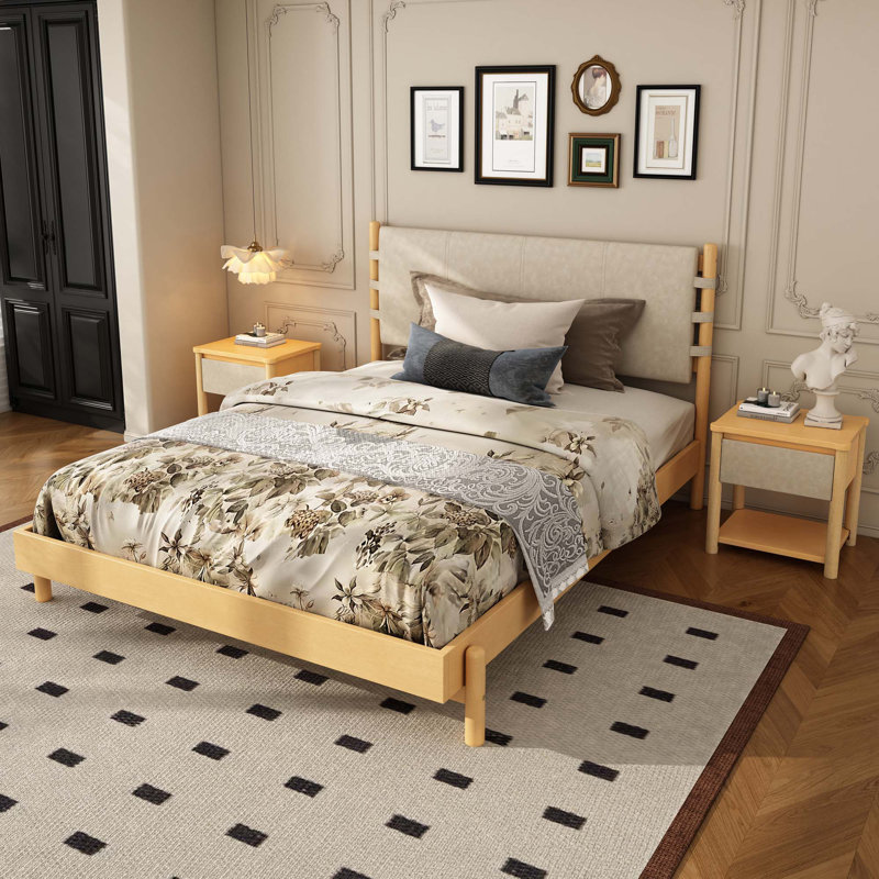 Ensemble de 3 pièces, cadre de lit avec 2 tables de chevet, Naturel, Grand