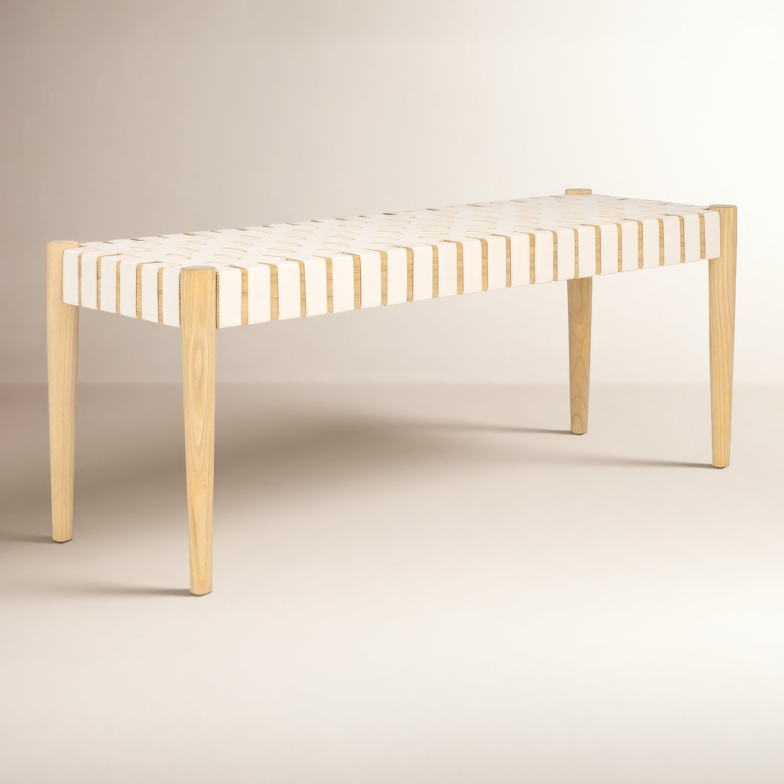 Orin 47" Woven Leather Dining Bench, White