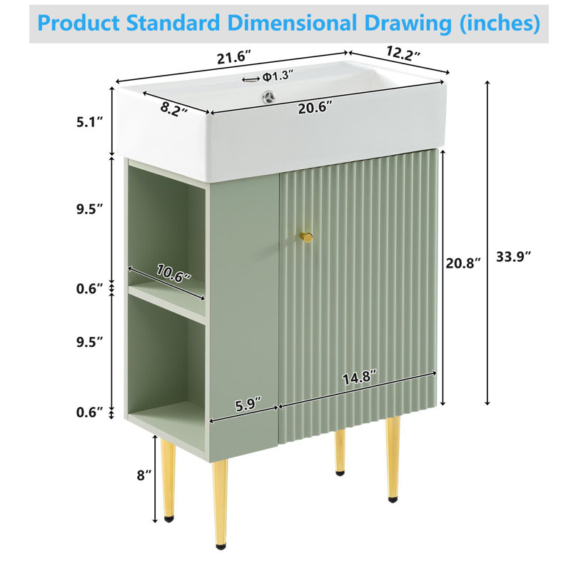 21.6" Bathroom Storage Cabinet With Ceramic Top, Green