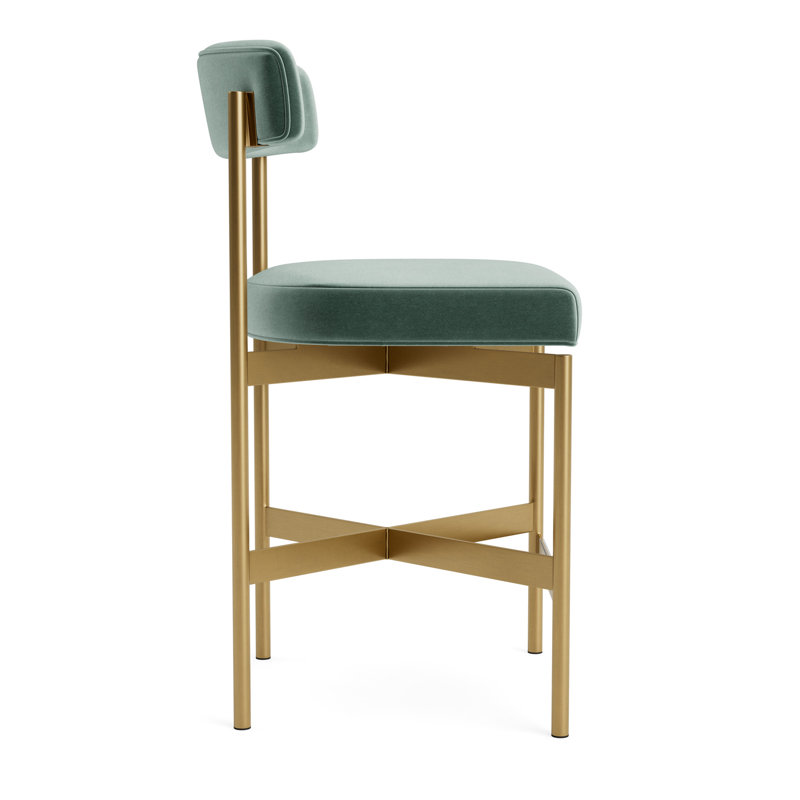Remy Bar Stool, Performance Velvet - Jade, Brushed Brass, Counter Stool (25” Seat Height)