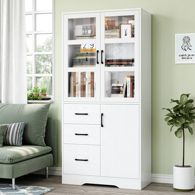 Bibliothèque à 5 tablettes avec tiroirs et portes, bibliothèques de 67,5 po de hauteur, bibliothèque de rangement en bois pour le bureau à domicile, finition noire