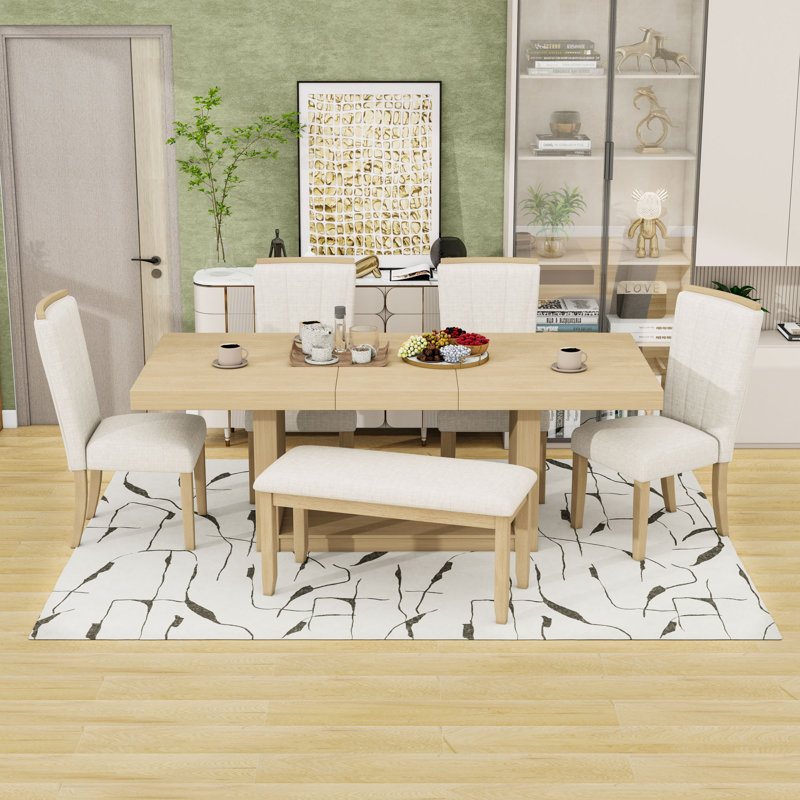 Ensemble de salle à manger 6 pièces avec table à piédestal extensible, rallonge amovible, 4 chaises rembourrées et banc