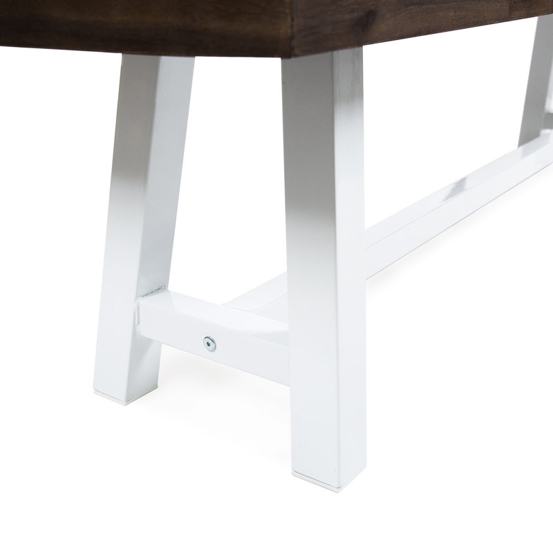 Banc en bois avec finition sablée brun foncé et métal rustique blanc, largeur de 63 po pour l'extérieur, structure en métal