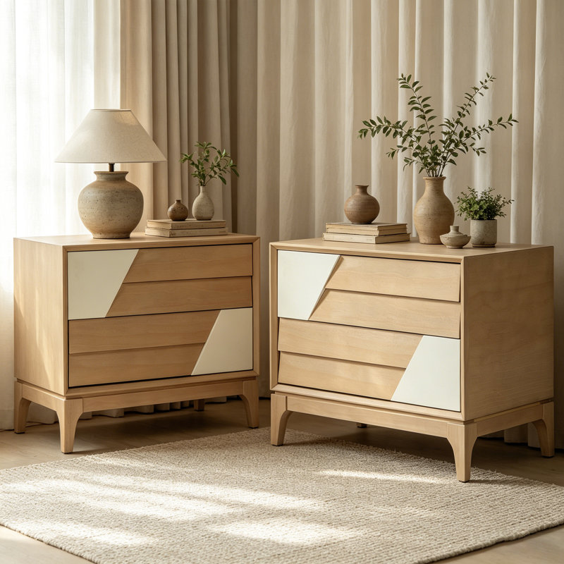 Lioressa Modern Japandi 2-Drawer Angled Patchwork  Nightstand with Two-Tone Geometric Design, Solid Tapered Legs for Bedroom & Living Room