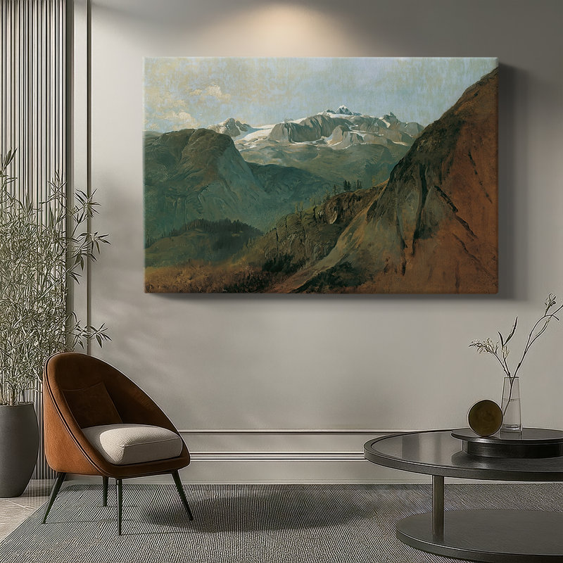Paysage alpin avec un sommet enneigé (Le Dachstein) -Fryrich Gauermann-Toile tendue avec châssis-c. Milieu du 19e siècle