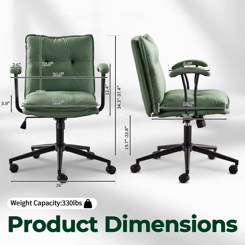 Tufted Button Double Layer Padding Faux Leather Swivel Office Chair, Green