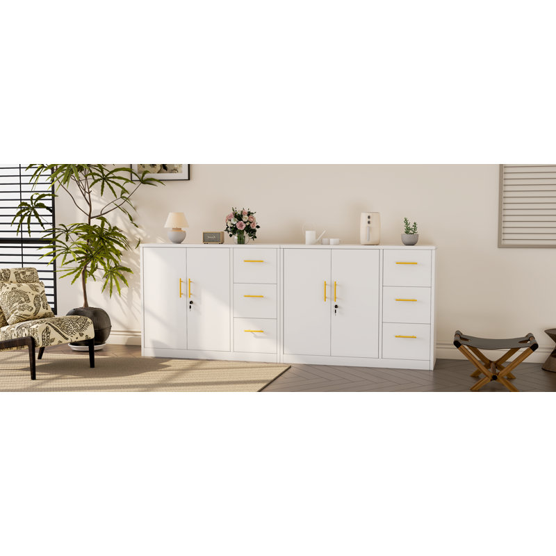 White Metal Sideboard Buffet Cabinet with Gold Handles