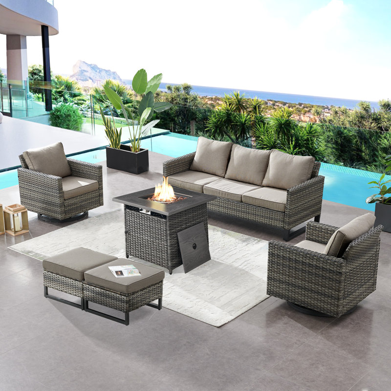 Naresa 6-Piece Outdoor Sofa Set, Wicker Patio Furniture Set With Fire Pit Table, All-Weather PE Wicker, Gray