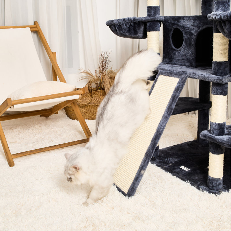 Arbre à chat d'intérieur 68,5 po avec condos et poteau à griffes Centre d'activité multi-niveaux pour 1 5 chats moyens à grands Panneau de particules gris foncé 2 3 perchoirs Hamacs suspendus domaine de fiançailles
