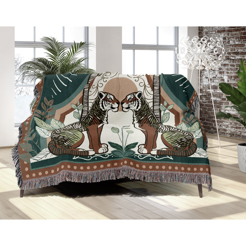 Jeté en mélange de coton Faya Tiger, Vert / Orange, L 80 po x l 60 po