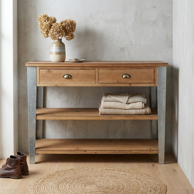 Temba Rustic Wood and Metal Console Table, 2 Drawers and 2 Shelves, Farmhouse Style with Steel Legs
