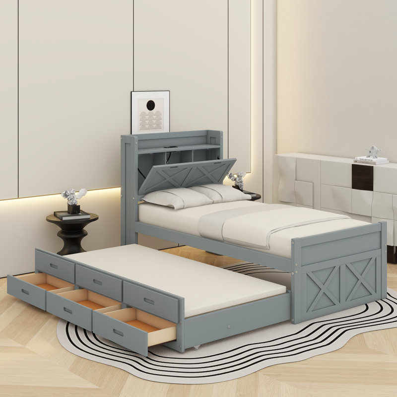 Lit simple en bois avec lit gigogne, Gris
