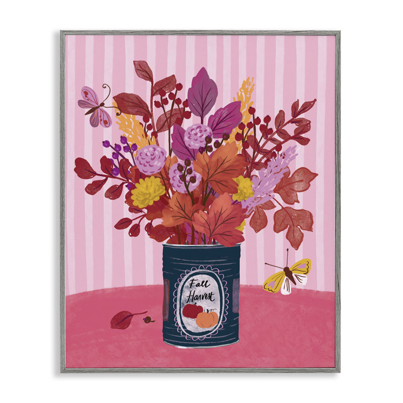  Fall Bouquet on Stripes Giclee Art by Be Ni La, Farmhouse Grey Framed Giclee, 14" H x 11" W
