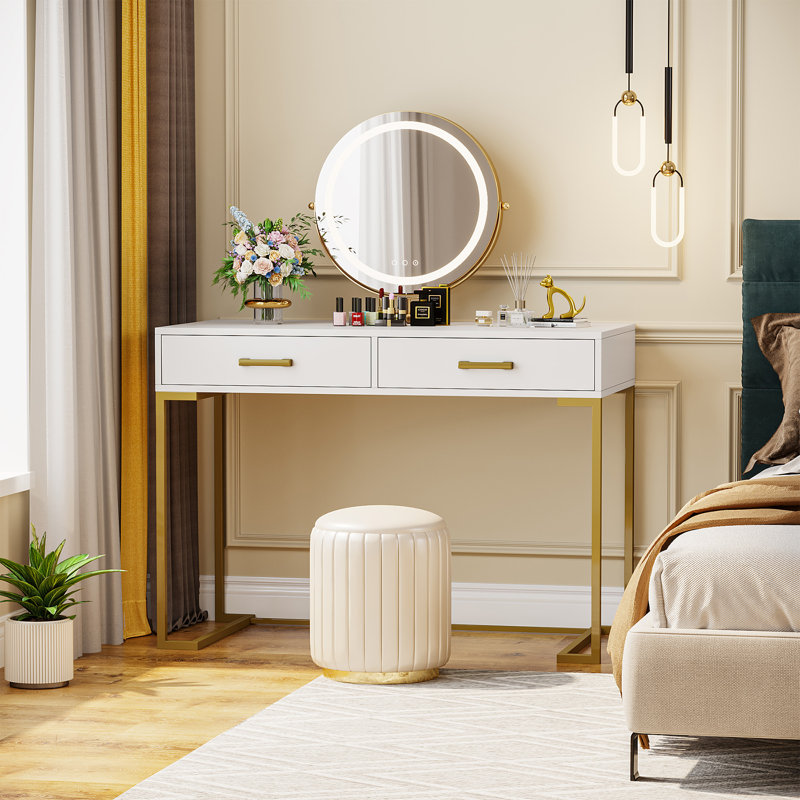 39.37" Writing Desk Modern Computer Desk, White/Gold