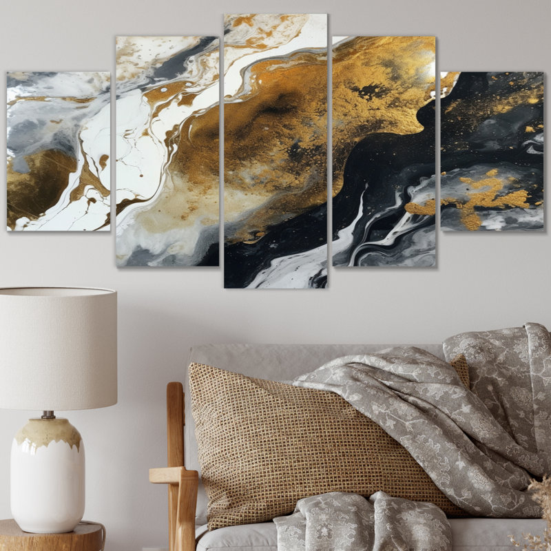 Gold Black Veins Of Colour I - Abstract Wall Art Print - 5 Panels