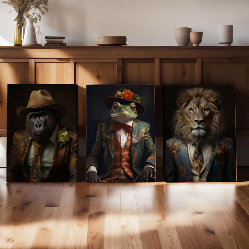 3 pièces d'art mural, affiche fantaisiste encadrée sur toile, ensemble de 3 animaux - Dapper Gorilla Frog, 20" H x 30" W