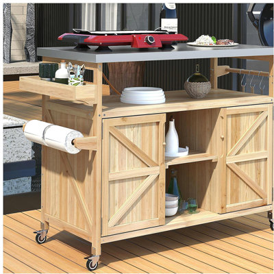 Outdoor kitchen island with rolling bar cart and storage cabinet, farm-style wooden outdoor barbecue table with stainless steel top, spice rack, kitchen and barbecue towel racks, natural