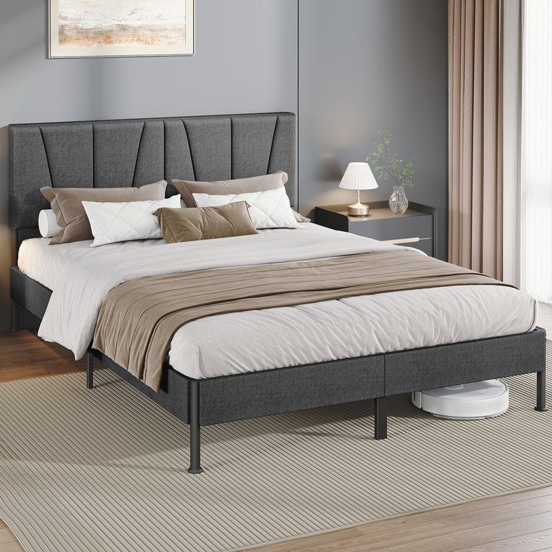 King Bed Frame, 150×200 cm, Upholstered Metal Bed Frame with Headboard, Max. Load Capacity 500kg, Easy Assembly, No Box Spring Needed