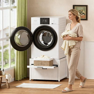 Universal 29" Fit Washer Dryer Pedestal Stand Includes Built-in Laundry Basket, Shelf, & Drawer With Wheels, Anti-vibration, Drain Pan, And Hose For Effortless Installation