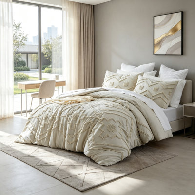 Tufted Boho Queen Comforter Set 3 Pc Beige