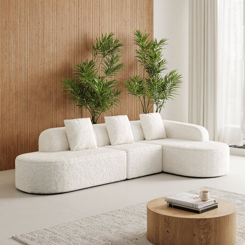 Ensemble de canapé incurvé en forme de L avec méridienne large Effortless Elegance, Orienté à droite, Polyester blanc