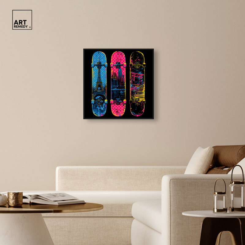 «Neon Splat Skateboard», reproduction d'art sur toile encadrée par Art Remedy, cadre noir, 30 x 30, 31"H x 31"W, Black Frame