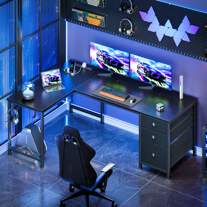 Bureau de jeu en L 62,8 "avec prises de courant, bureau d'ordinateur avec tiroirs, H 30,1 po x l 62,8 po x P 39,4 po, Noir